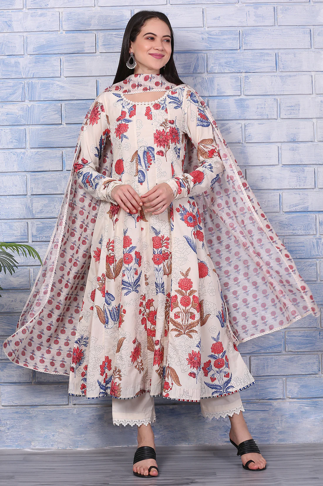 Off-White Floral Printed Pure Cotton Anarkali Kurta